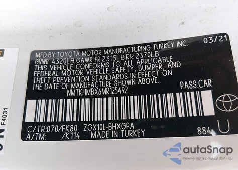 2021 Toyota C-Hr Xle from USA, damaged, VIN NMTKHMBX6MR125492
